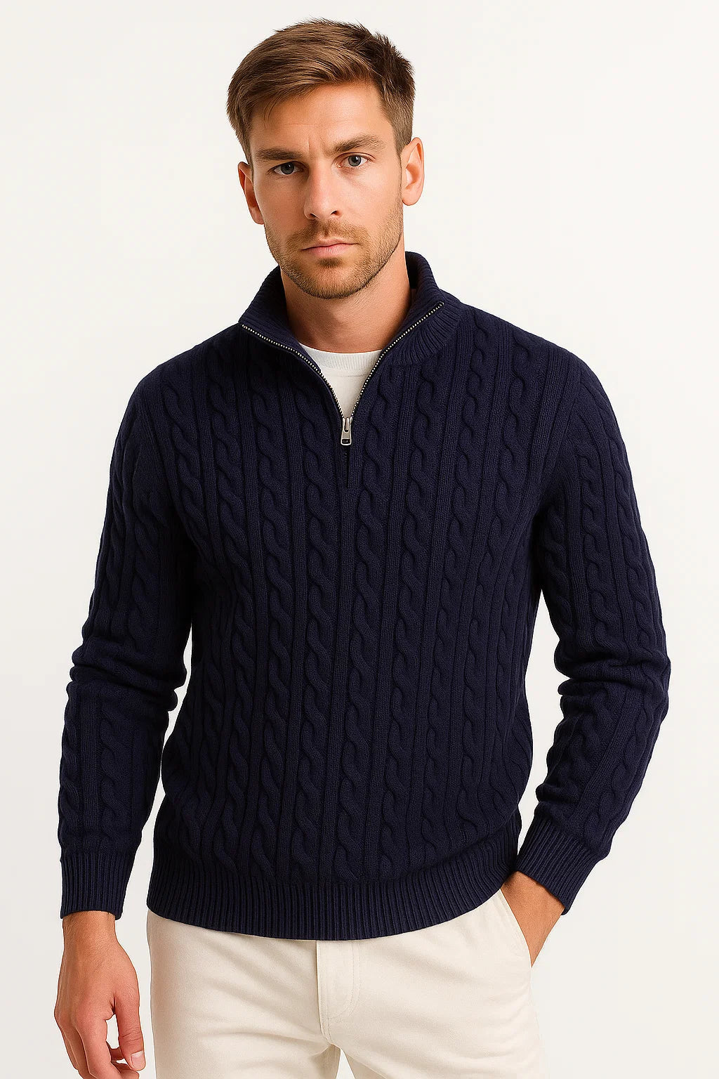Rory - Men's Spring Knit Sweater with Cable Knit and Zip at Collar