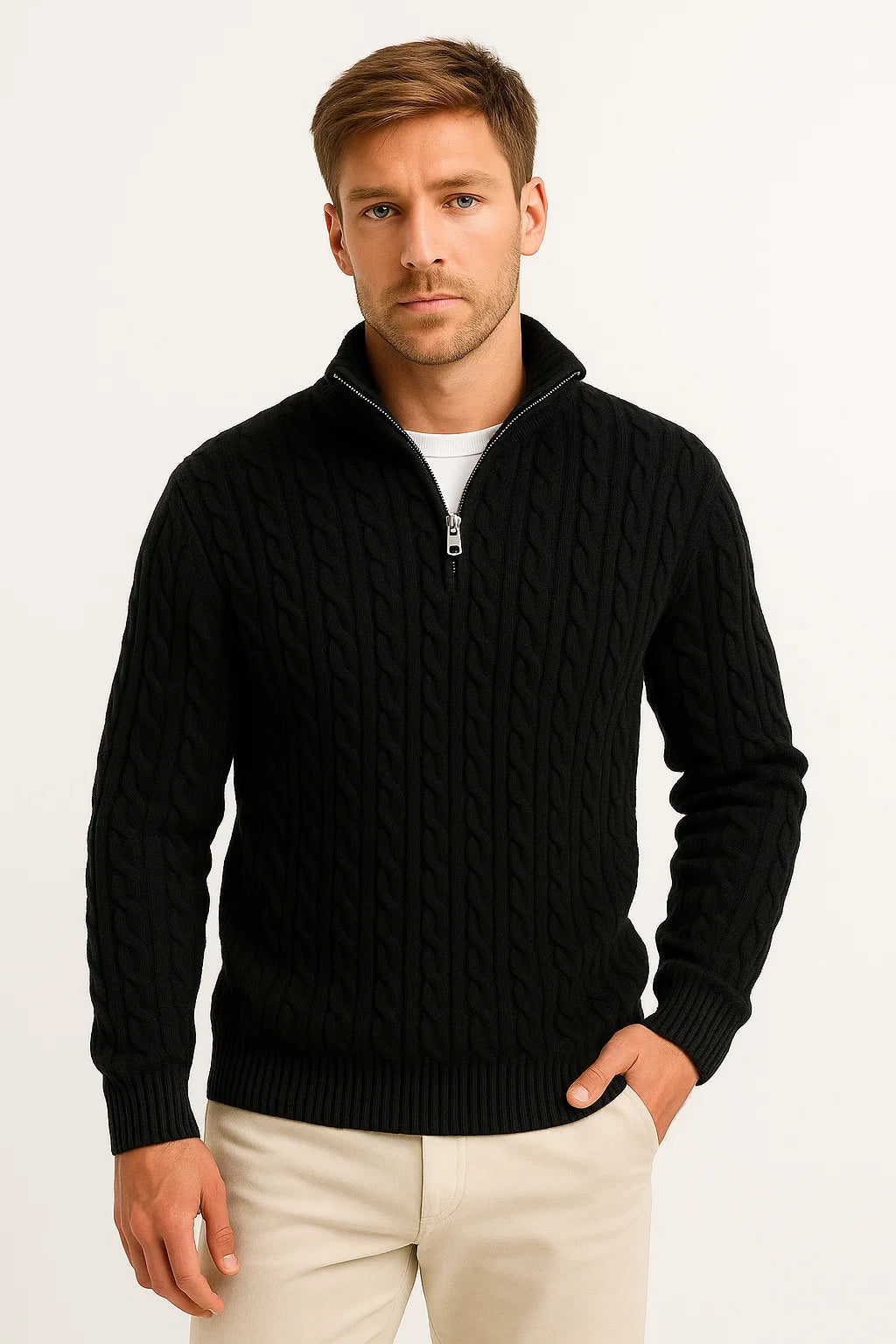 Rory - Men's Spring Knit Sweater with Cable Knit and Zip at Collar