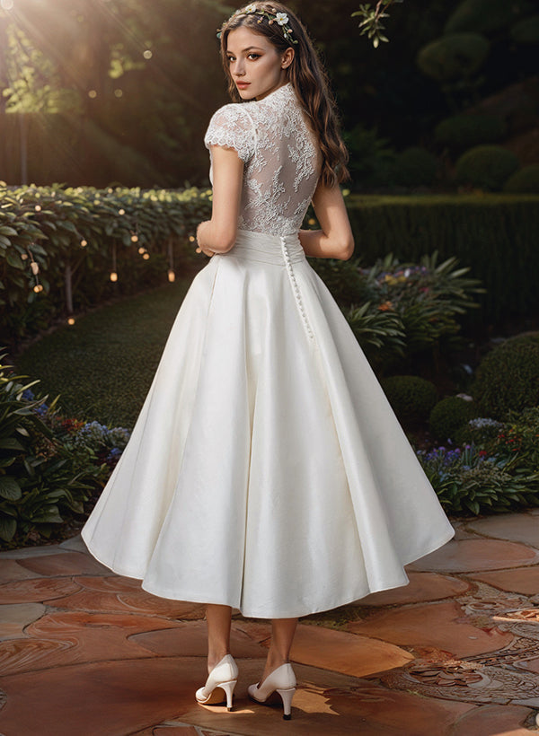 Emily - Women's Lace-Top V-Neck Midi Wedding Dress
