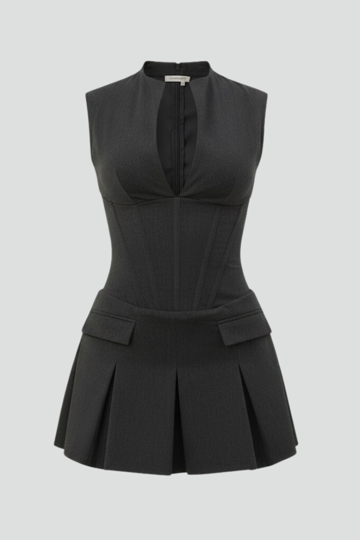 Isabella - Women's pleated Mini Dress with tiefem Neckline