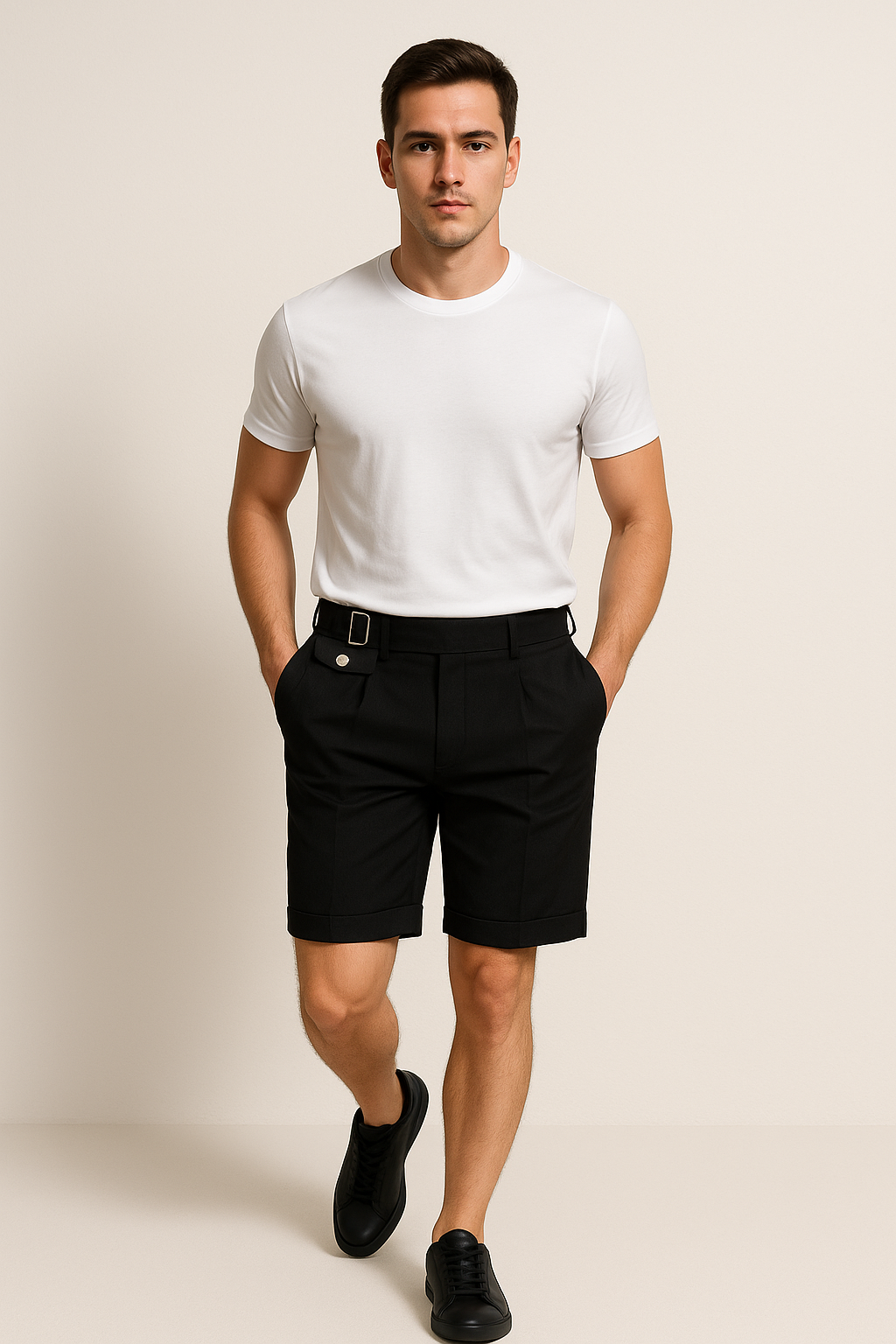 Logan - Men's Pleated Tailored Shorts with Side Buckles