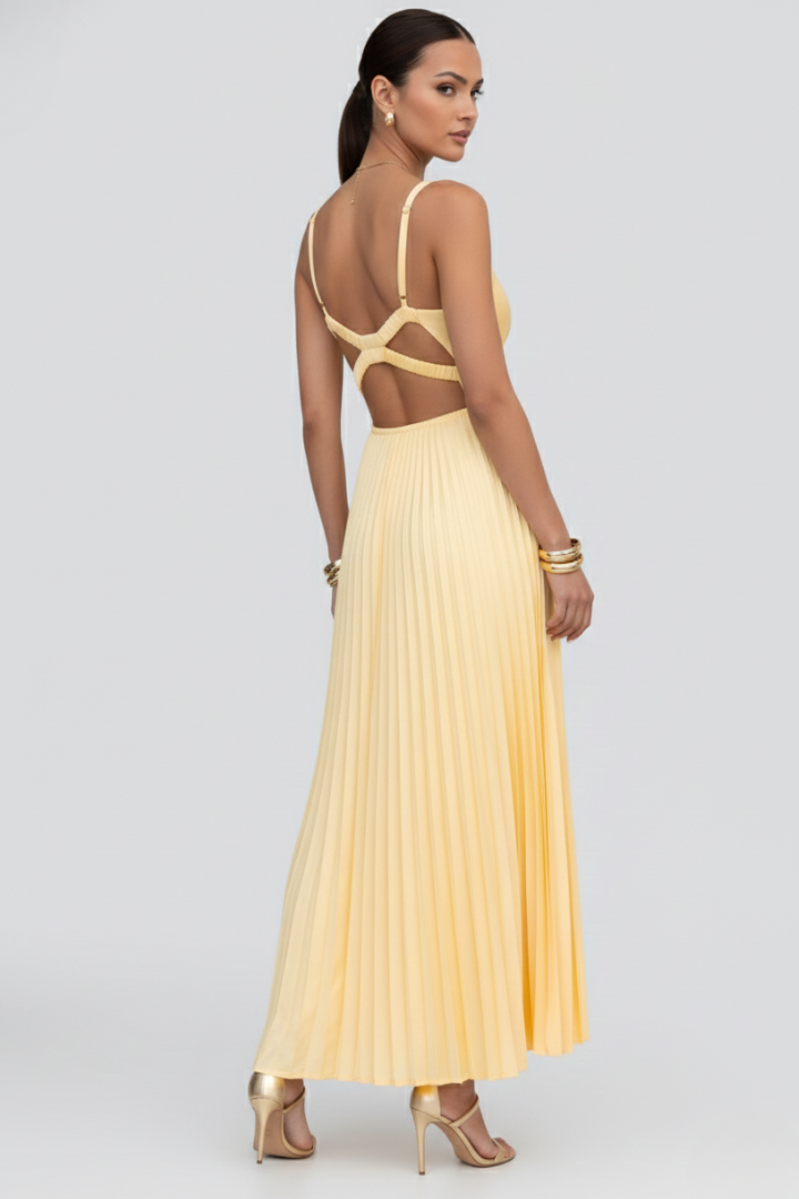 Nicola - Women's V-Neck Maxi Dress with pleated Skirt