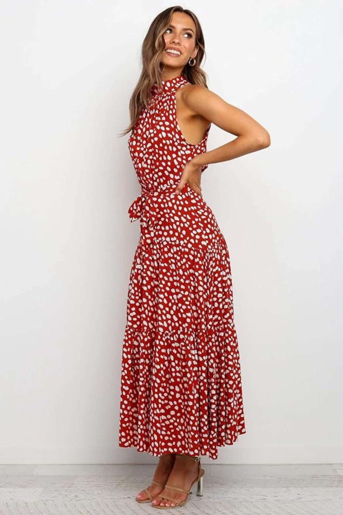 Helen - Women's Maxi Dress with Druckmuster, Halterneck and Taillenschleife