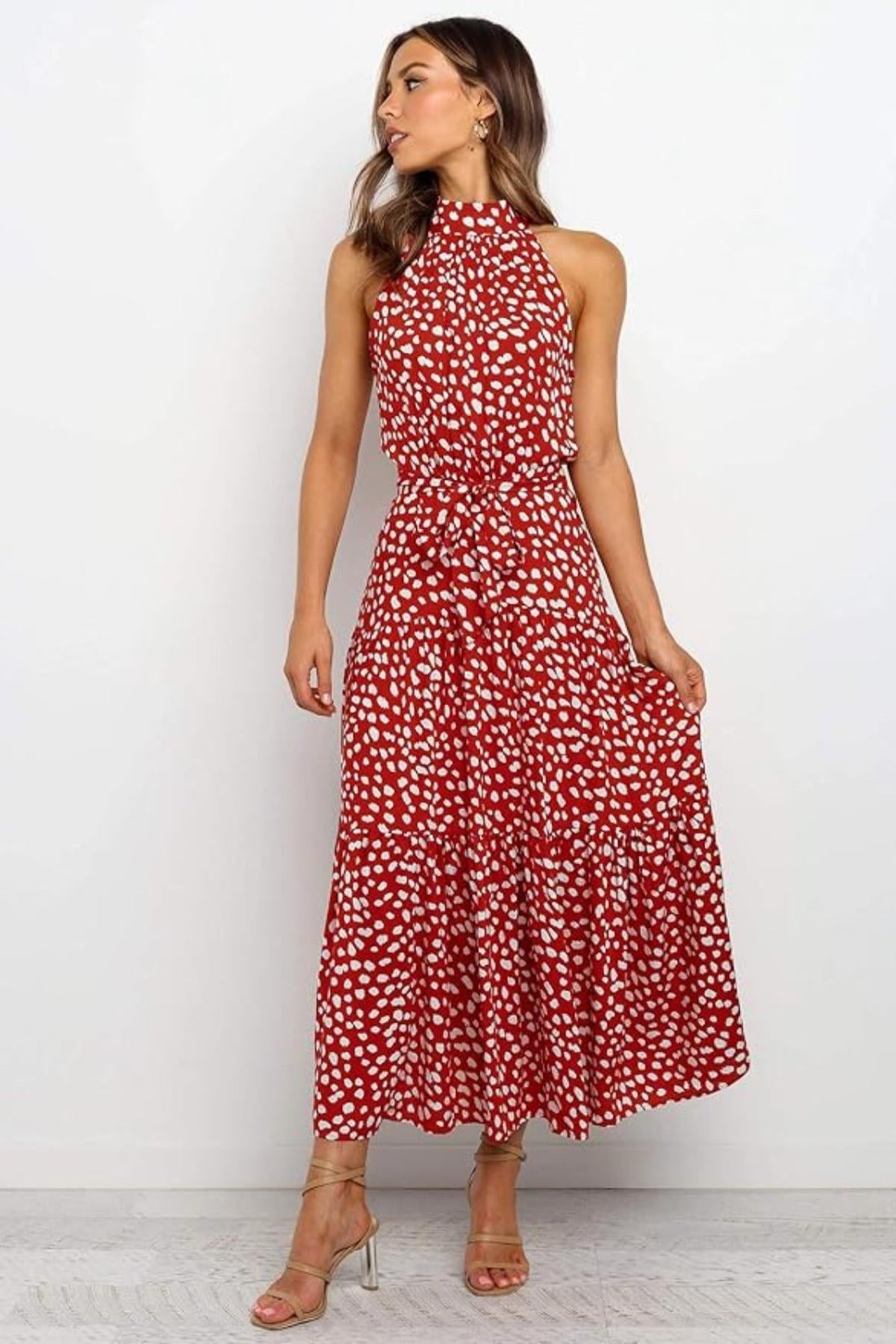Helen - Women's Maxi Dress with Druckmuster, Halterneck and Taillenschleife