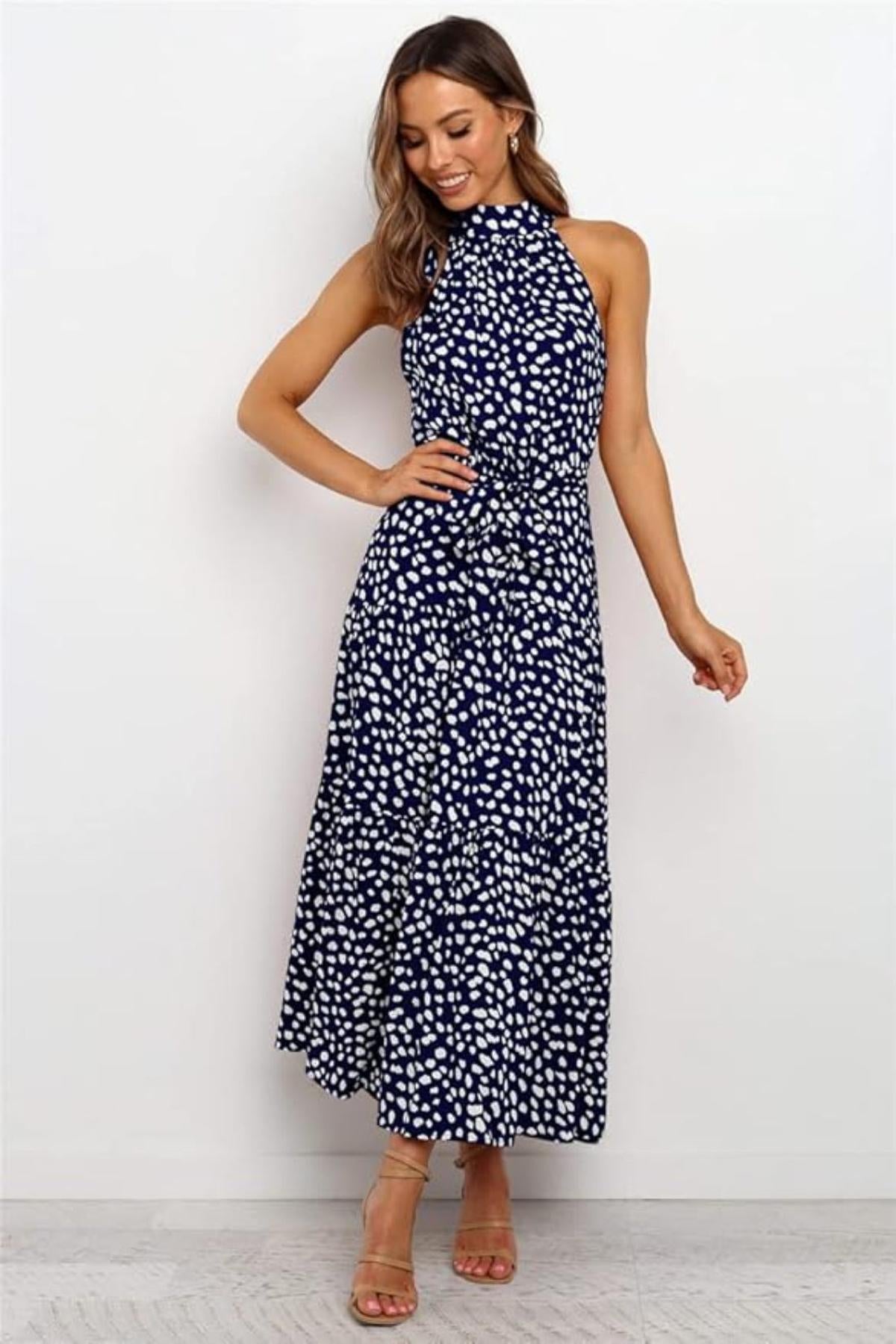 Helen - Women's Maxi Dress with Druckmuster, Halterneck and Taillenschleife