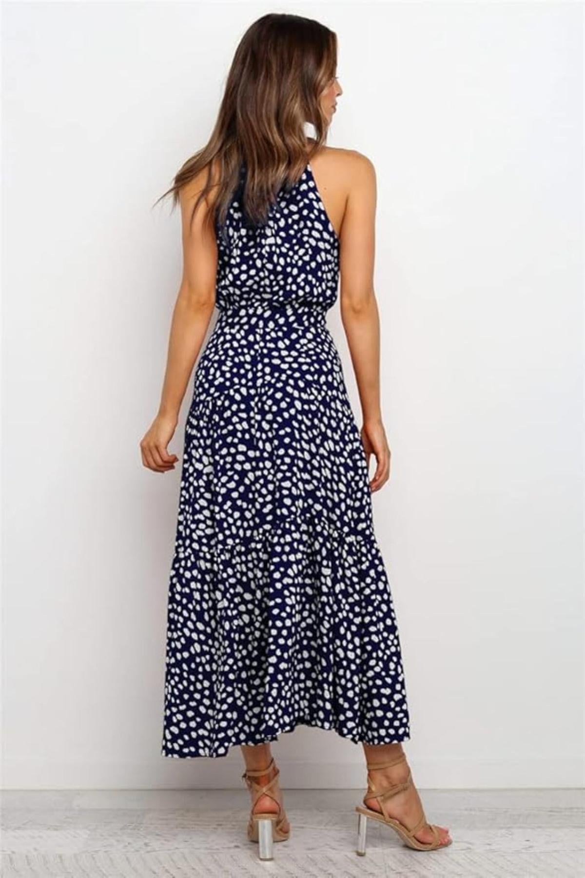 Helen - Women's Maxi Dress with Druckmuster, Halterneck and Taillenschleife