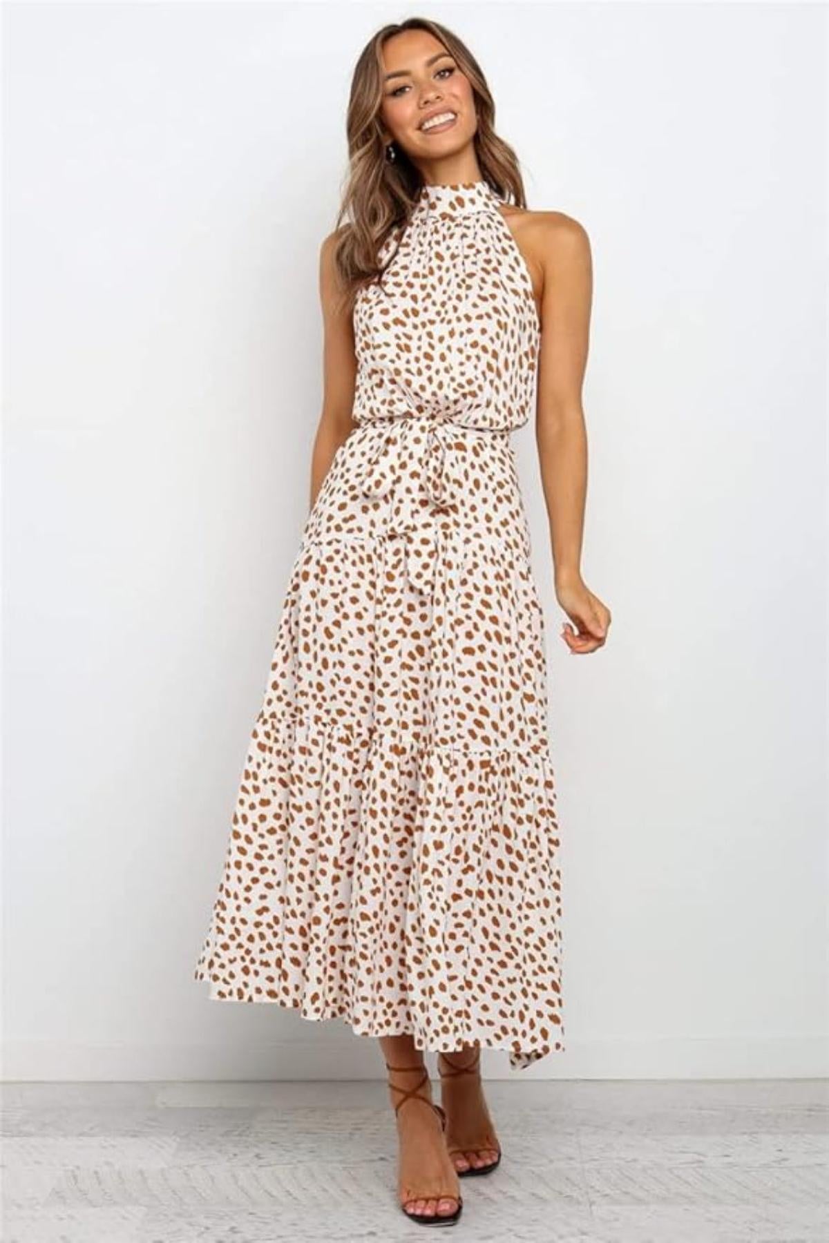Helen - Women's Maxi Dress with Druckmuster, Halterneck and Taillenschleife