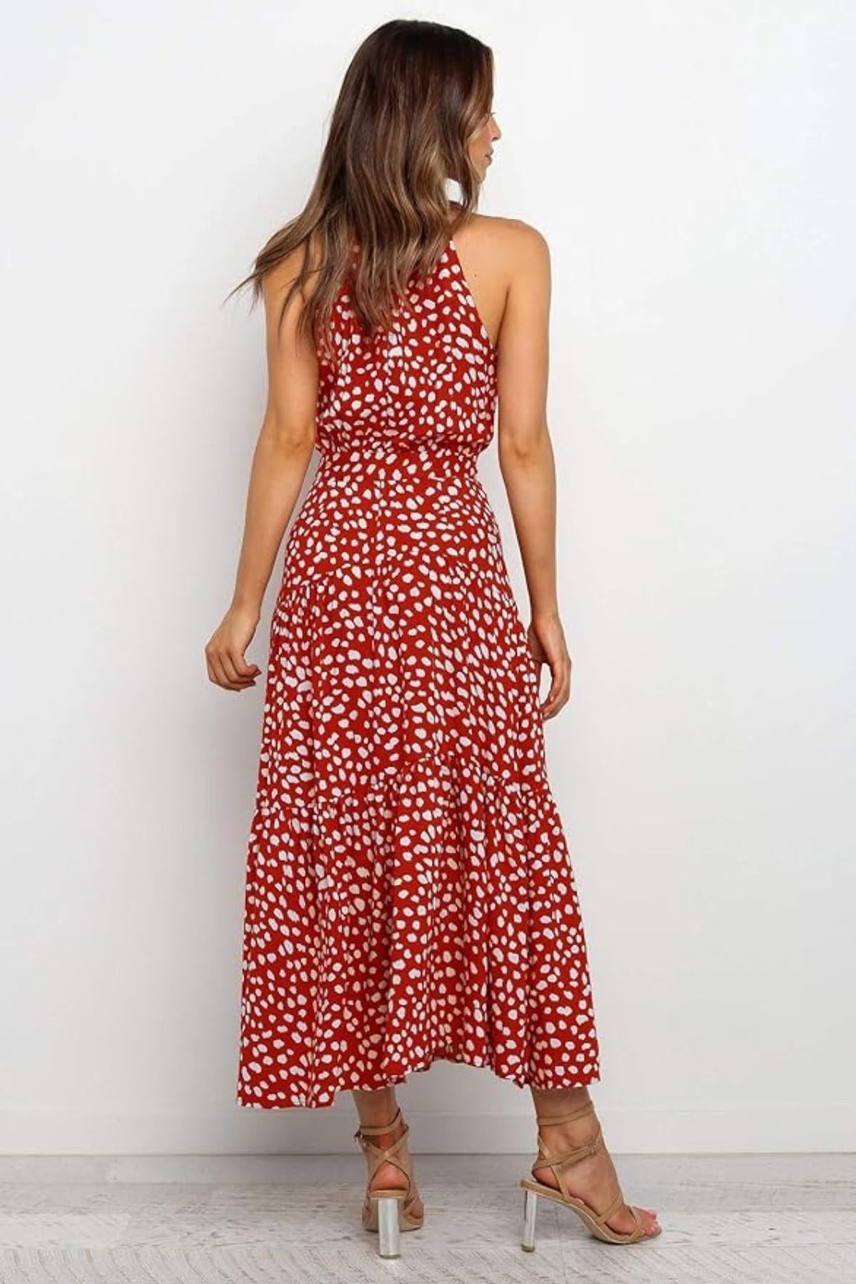 Helen - Women's Maxi Dress with Druckmuster, Halterneck and Taillenschleife