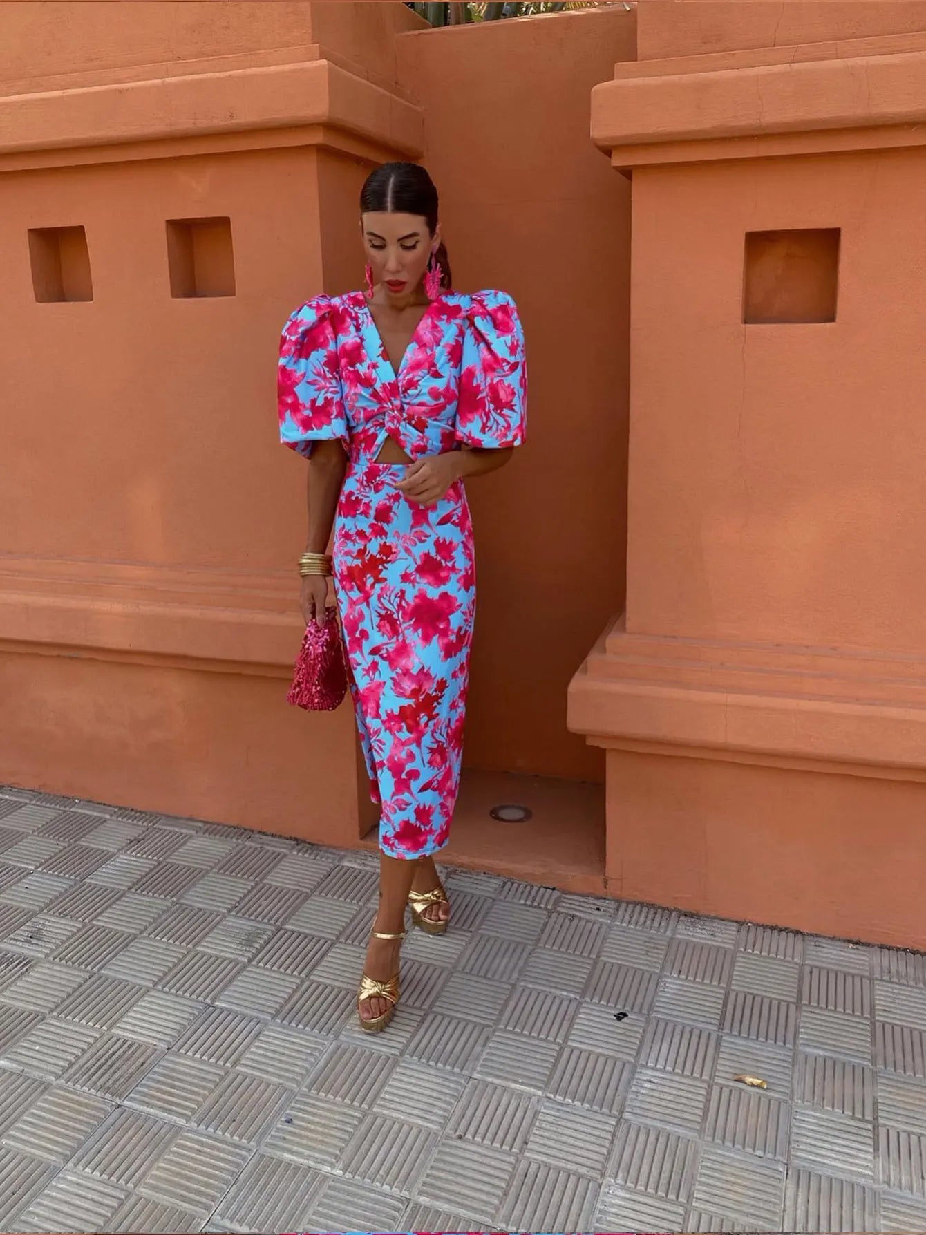 Karen - Women's Summer Printed Midi Dress with Puff Sleeves