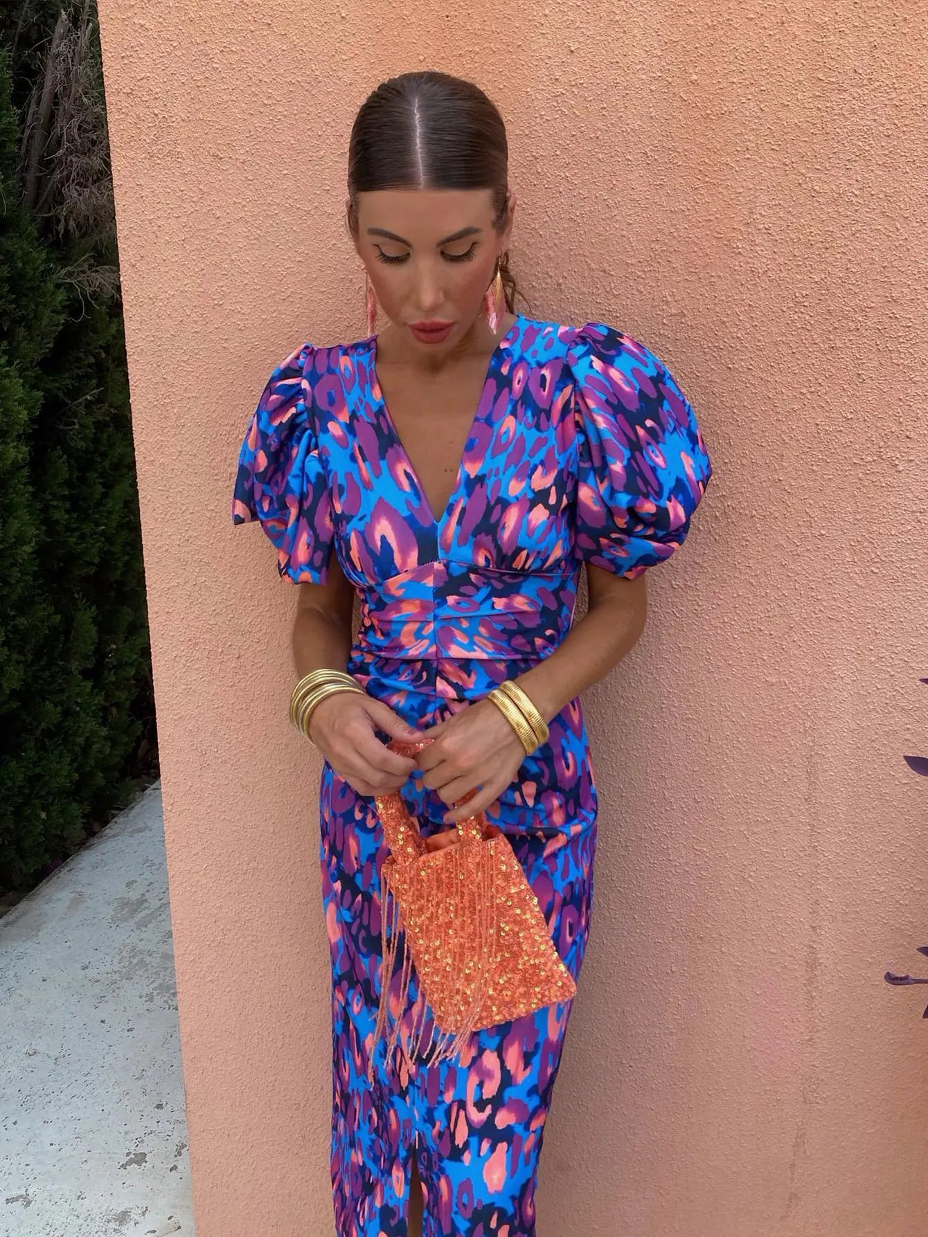 Karen - Women's Summer Printed Midi Dress with Puff Sleeves