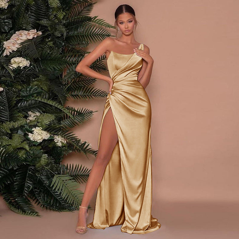 Mandy - Women's Satin Evening Dress with asymmetric Schulter and Maxi Length