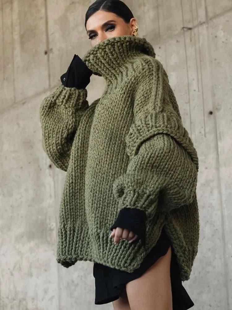 Amber - Women's Grober Oversize Turtleneck Knit Sweater