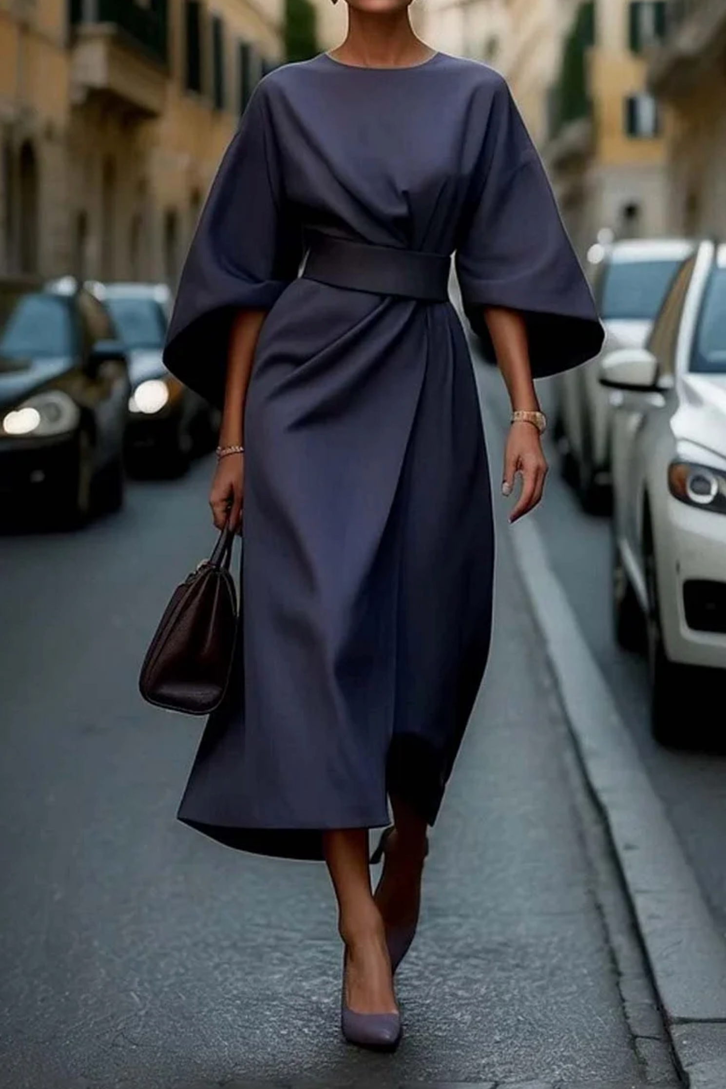 Sophia - Women's Midi Dress with Waist Belt