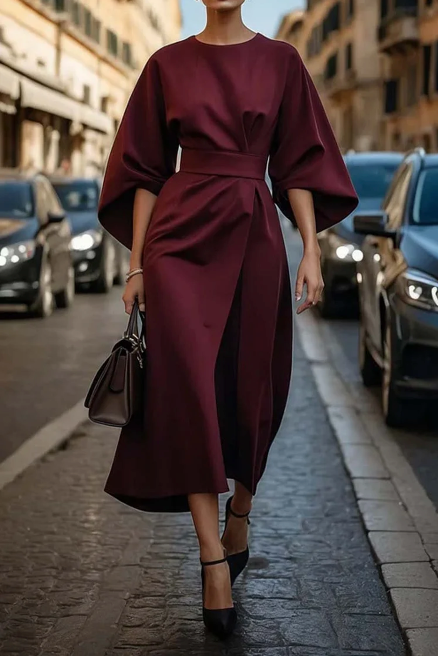 Sophia - Women's Midi Dress with Waist Belt