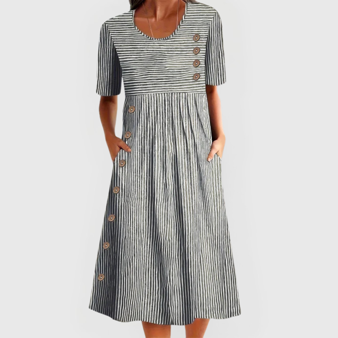 Yvonne - Women's A-Line Midi Dress aus Baumwolle with Stripes