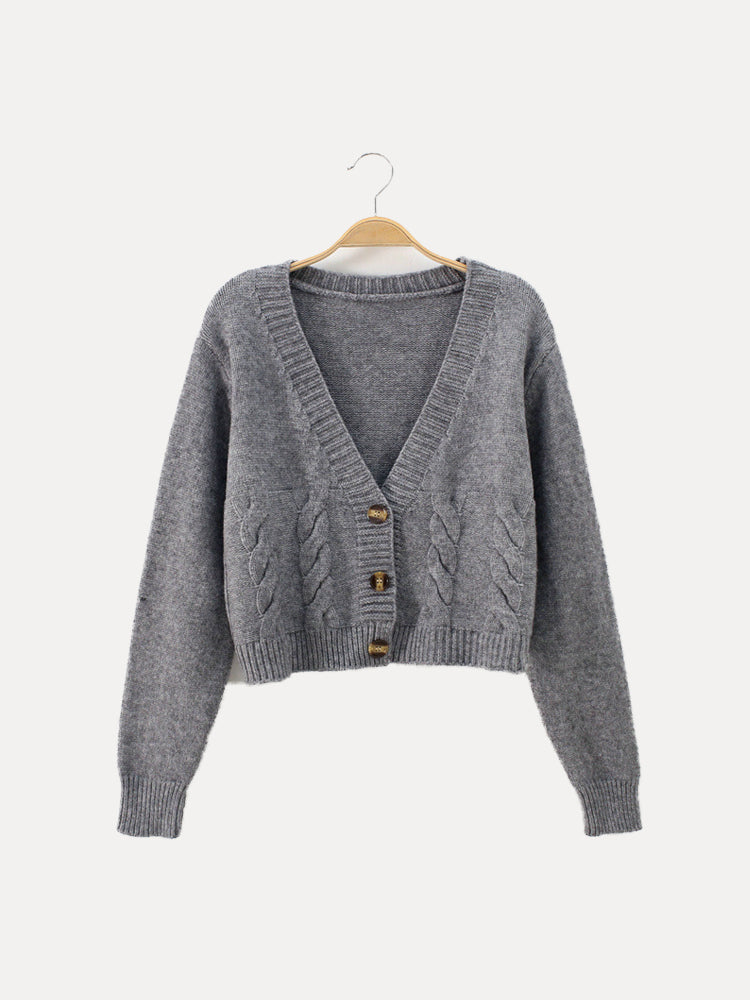 Ellie - Women's Cable Knit-Cardigan with V-Neck and Buttons