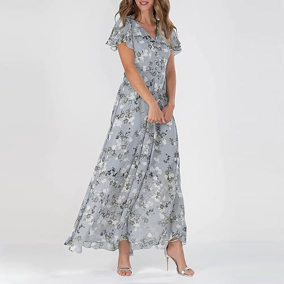 Iris - Women's Boho-Maxi Dress with Flutter Sleeves