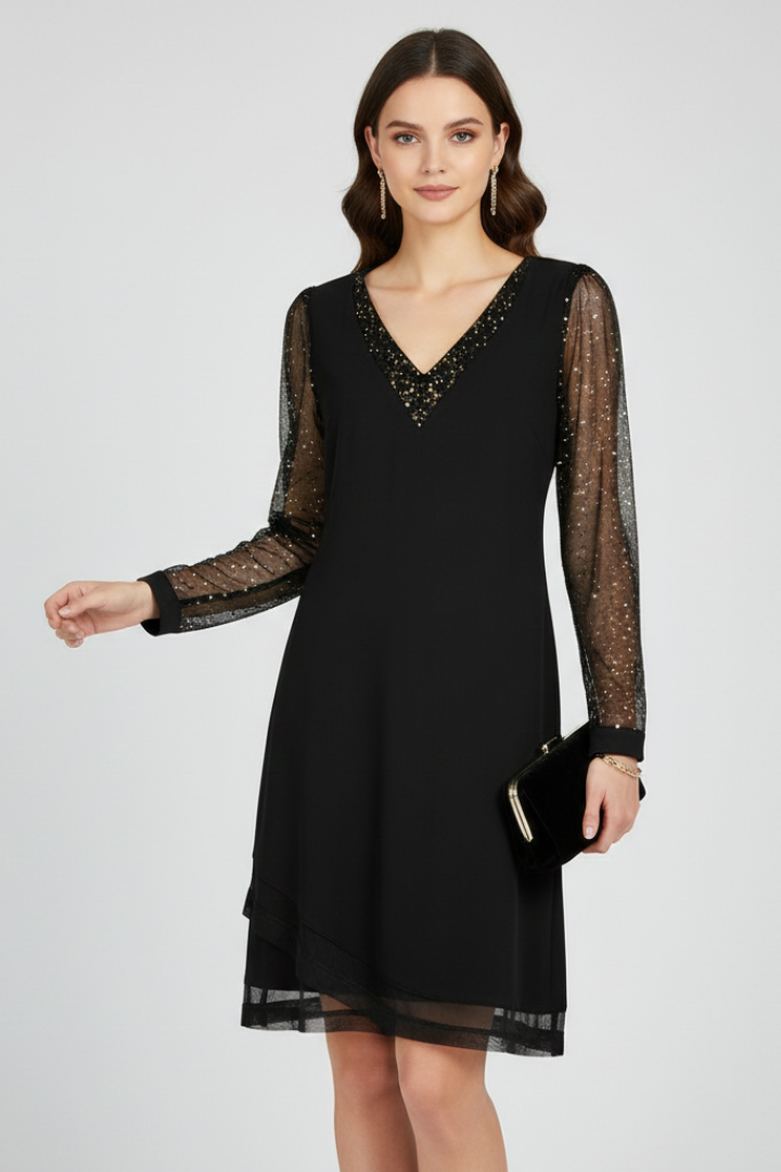 Molly - Women's V-Neck Cocktail Dress with Sequin Sleeves