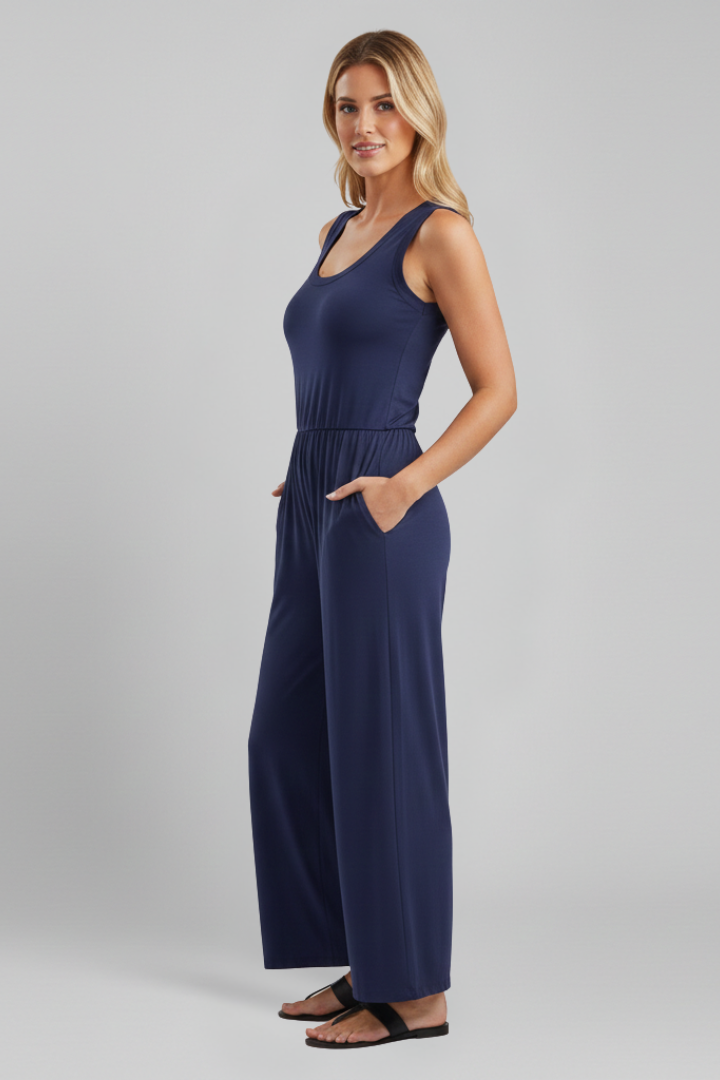 Joanna - Women's Round Neck Wide-Leg Jumpsuit with elastischem Waistband