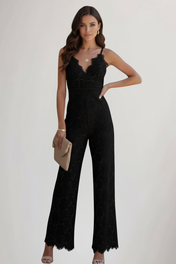 Natalie - Women's Sleeveless Lace-V-Neck Wide-Leg Jumpsuit