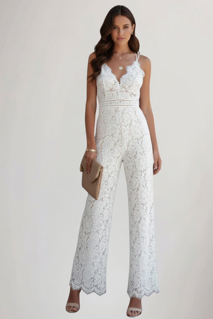 Natalie - Women's Sleeveless Lace-V-Neck Wide-Leg Jumpsuit