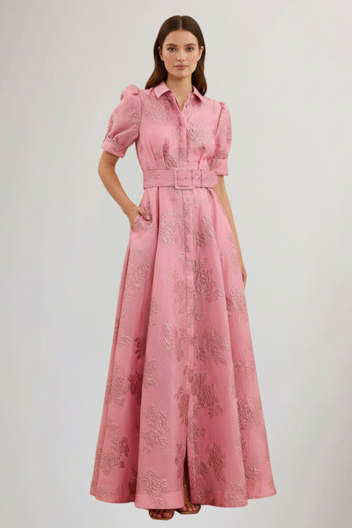 Victoria - Women's Maxi Dress with Belt and kurzen Sleeves