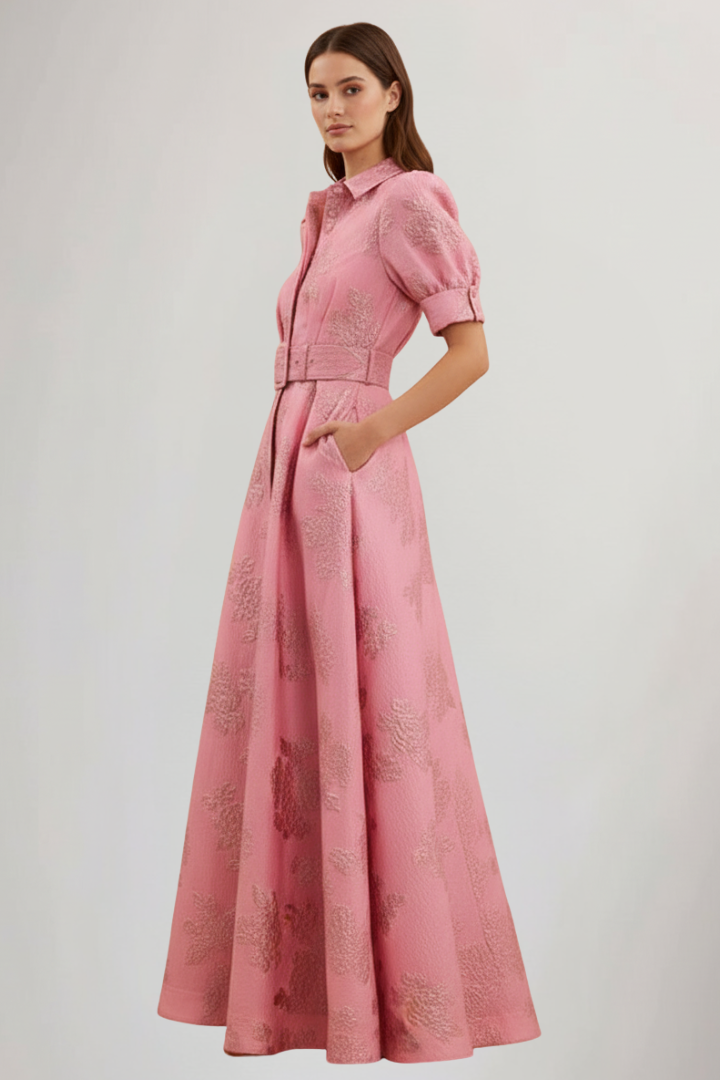 Victoria - Women's Maxi Dress with Belt and kurzen Sleeves