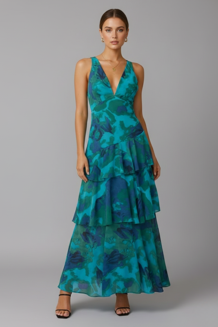 Diane - Women's Maxi Dress with gestuftem Skirt and V-Neck