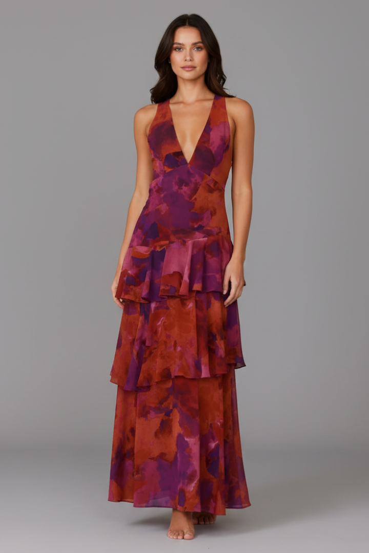 Diane - Women's Maxi Dress with gestuftem Skirt and V-Neck