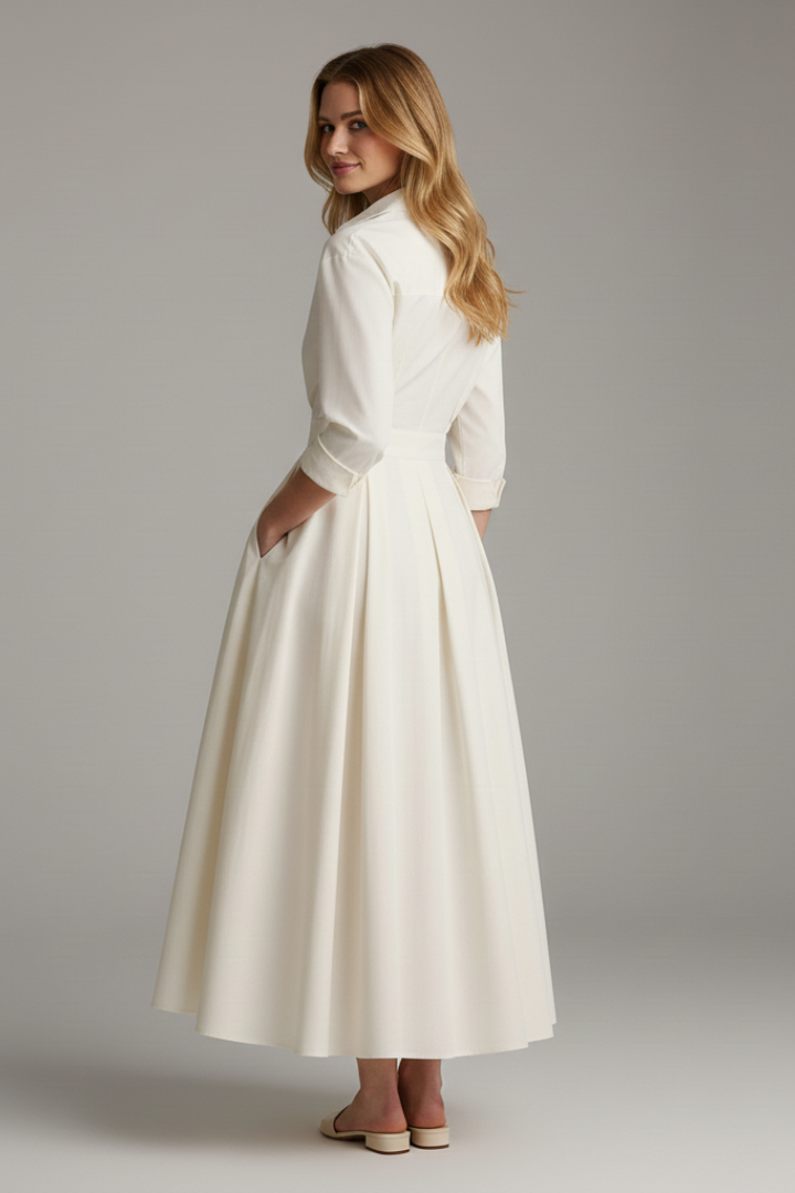 Diane - Women's Midi Dress with Button Placket vorne and Taillendetail