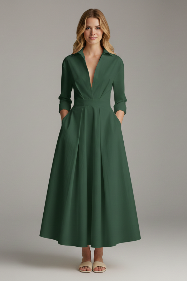 Diane - Women's Midi Dress with Button Placket vorne and Taillendetail