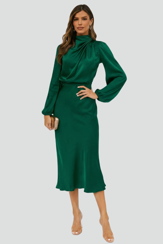 Patricia - Women's Midi Dress with high Neckline and langen Sleeves