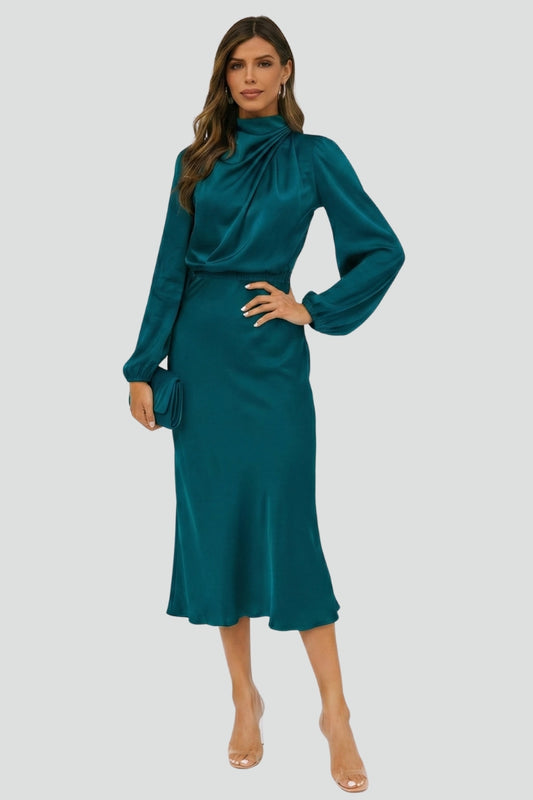 Patricia - Women's Midi Dress with high Neckline and langen Sleeves