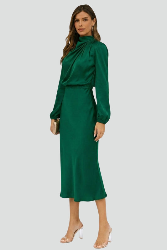 Patricia - Women's Midi Dress with high Neckline and langen Sleeves