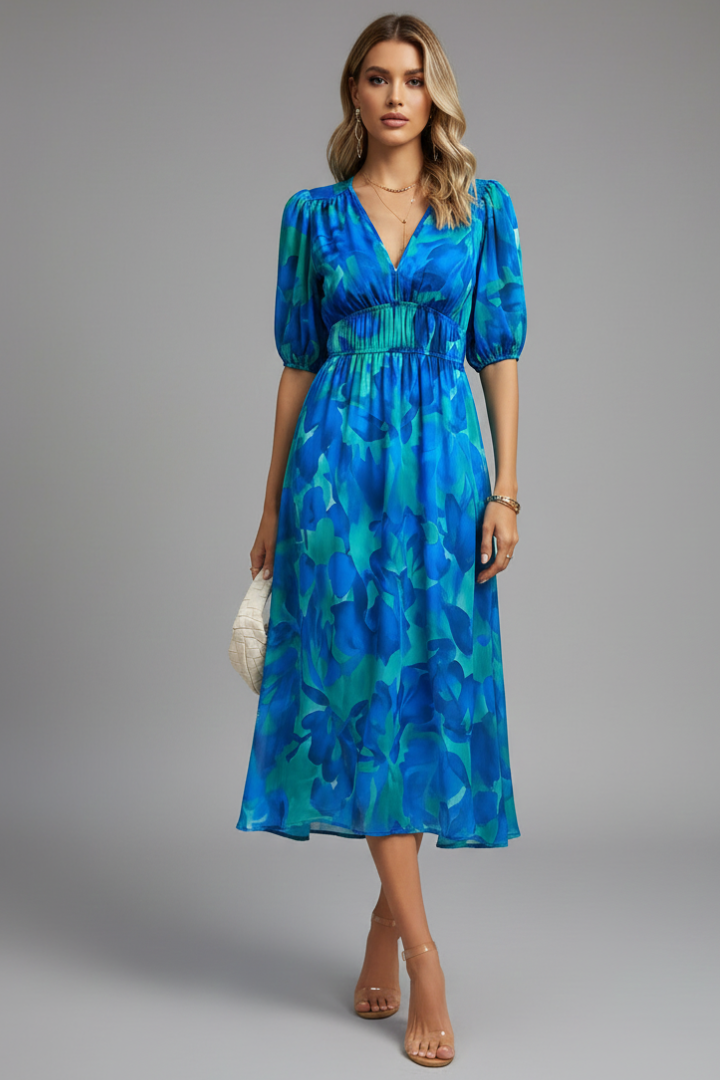 Nicola - Women's floral Midi Dress with Puff Sleeves
