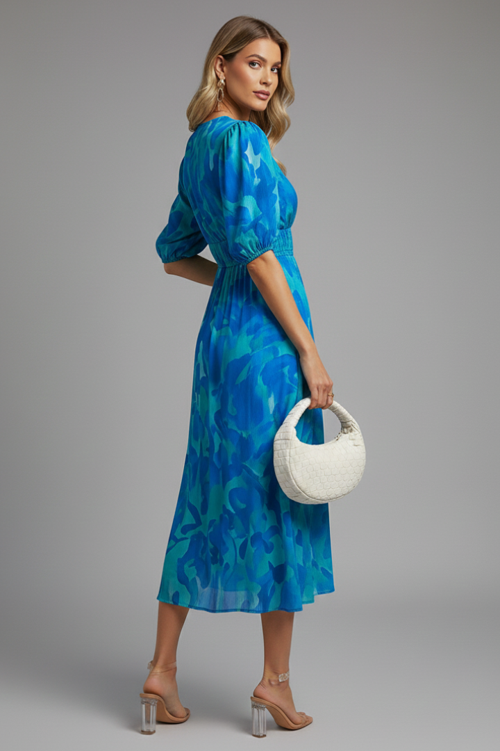 Nicola - Women's floral Midi Dress with Puff Sleeves