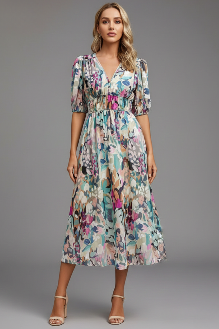 Nicola - Women's floral Midi Dress with Puff Sleeves
