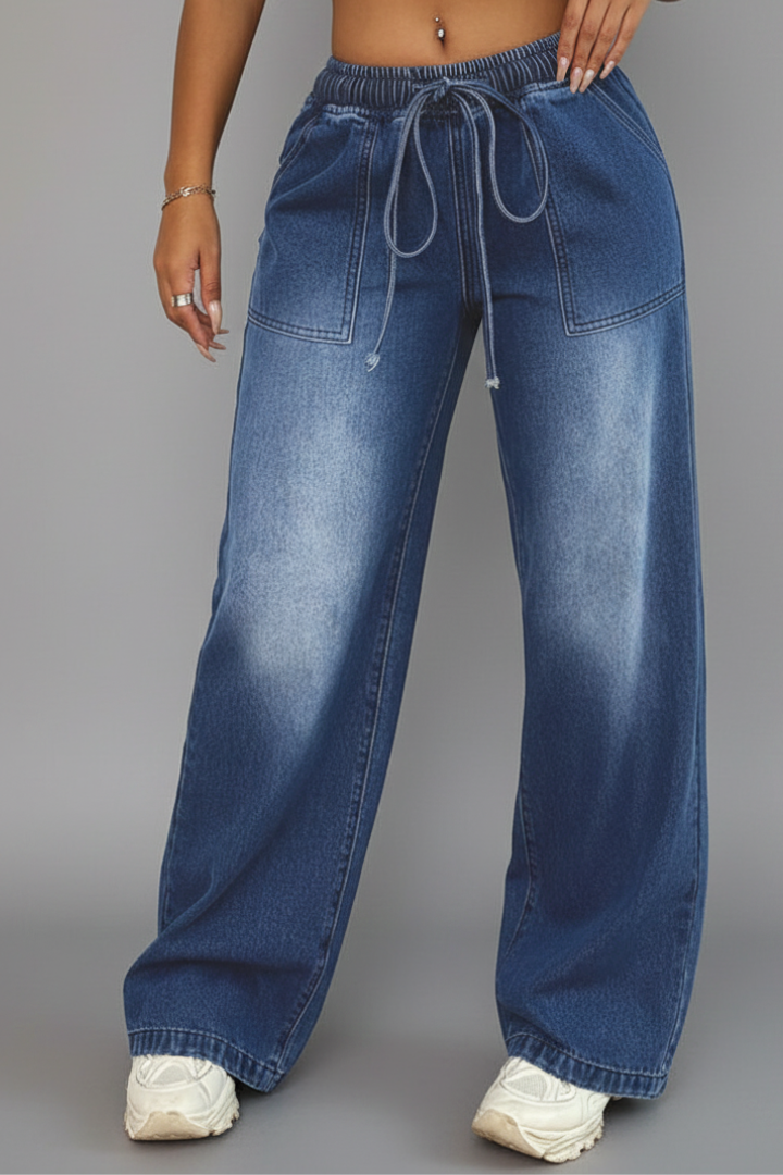 Zoe - Women's Casual Wide-Leg Trousers with Drawstring Waistband and Aufgesetzten Pockets