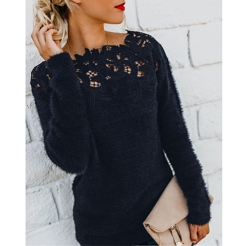 Amelia - Women's Spring Sweater with Floral-Spitzenkragen