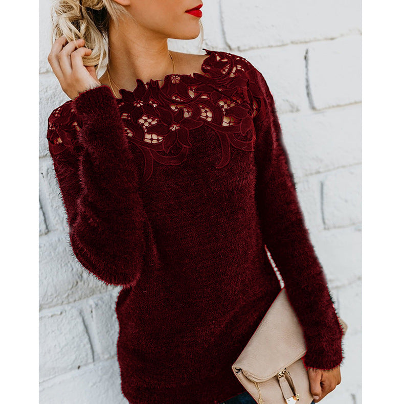 Amelia - Women's Spring Sweater with Floral-Spitzenkragen