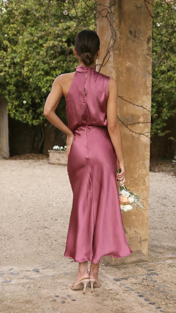 Eleanor - Women's Elegant Midi-Dress with Halterneck and Drapiertem Neckline