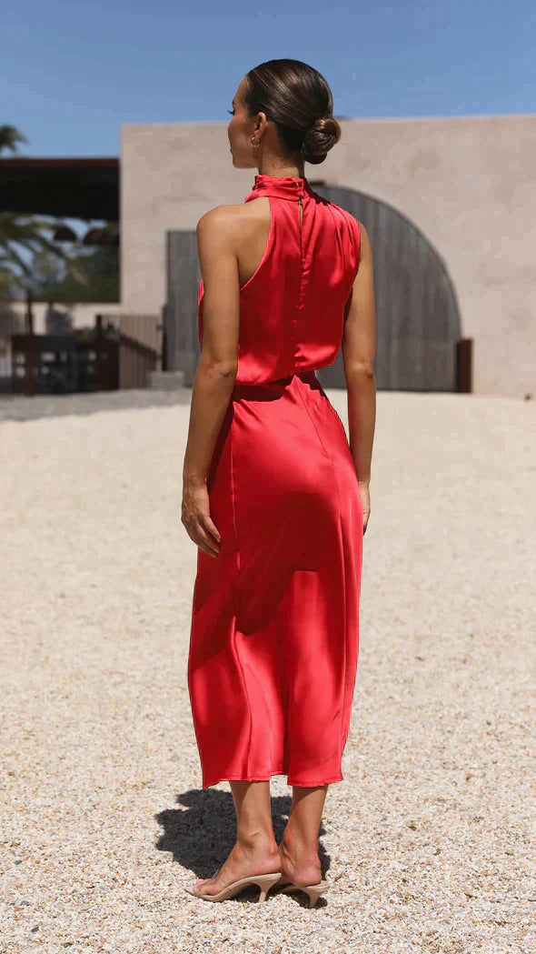 Eleanor - Women's Elegant Midi-Dress with Halterneck and Drapiertem Neckline