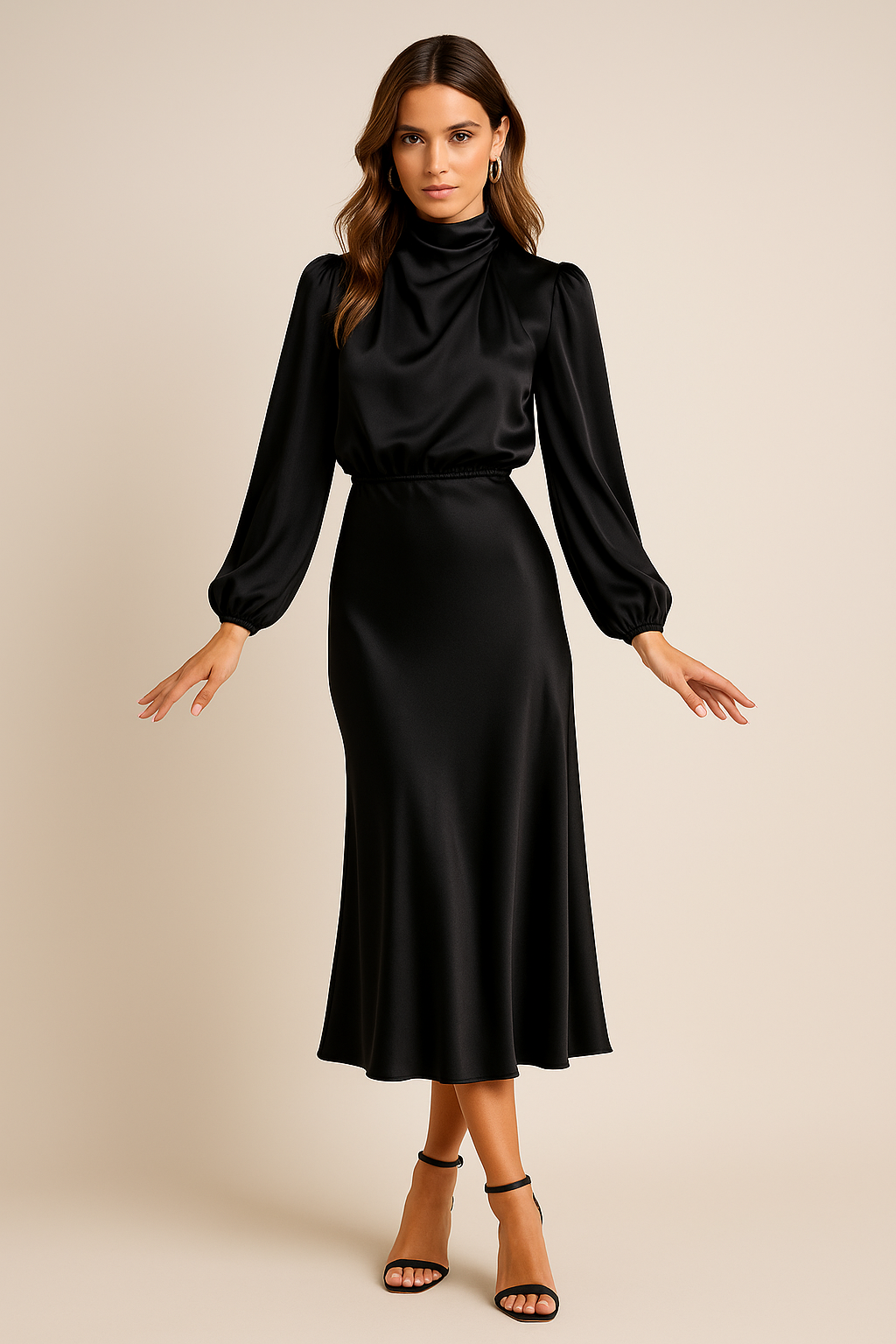 Karen - Women's Long Sleeve High-Neck Midi Dress