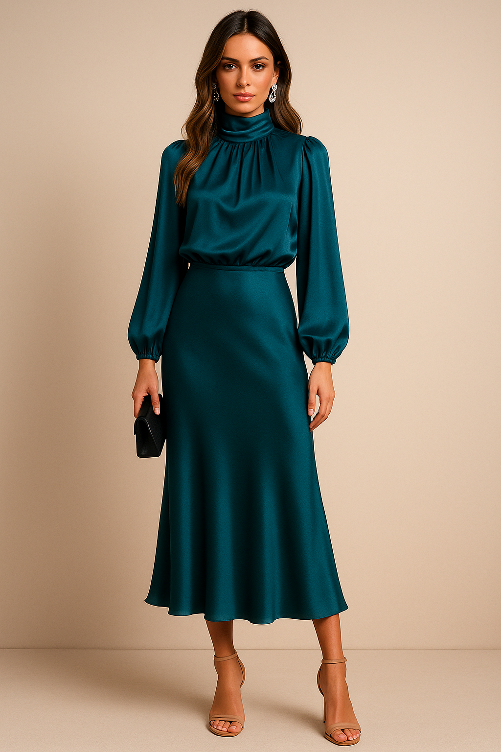 Karen - Women's Long Sleeve High-Neck Midi Dress