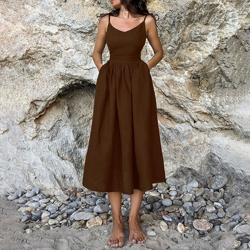 Michelle - Women's Midi Dress with V-Neck, Open Back and Slit