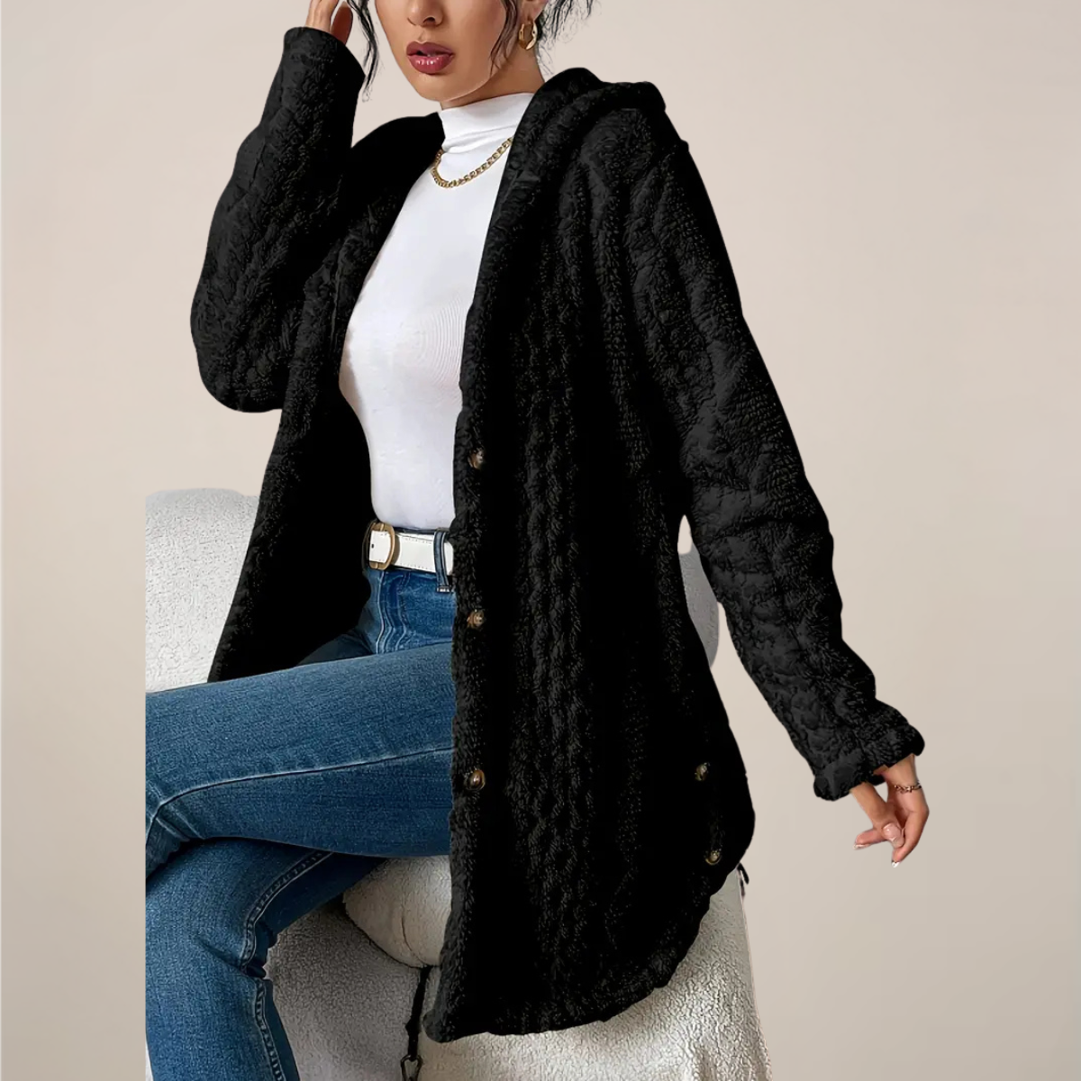 Carolyn - Women's Hooded Jacket with Structured Optik In Long Form