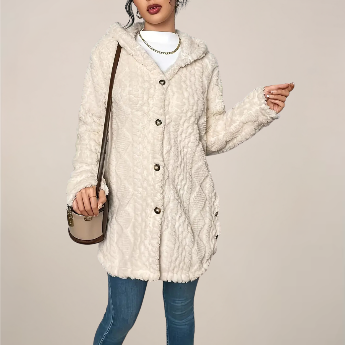 Carolyn - Women's Hooded Jacket with Structured Optik In Long Form