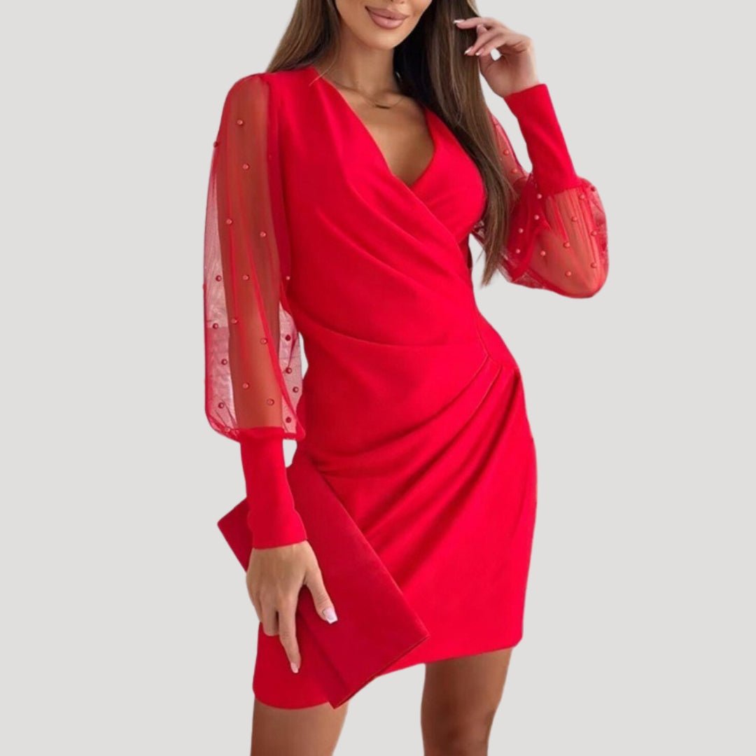 Ella - Women's Mini-Wrap Dress with Transparenten Sleeves and V-Neck