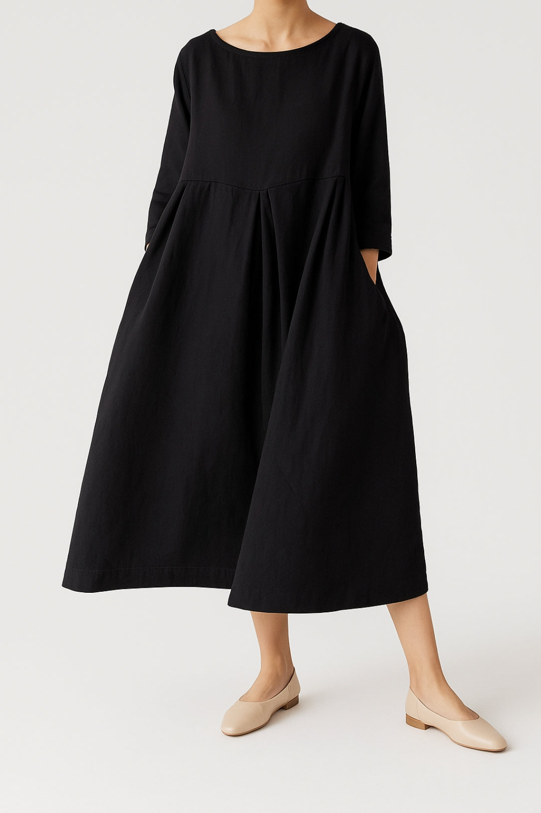 Emily - Women's Casual Midi Dress with Front Pleats