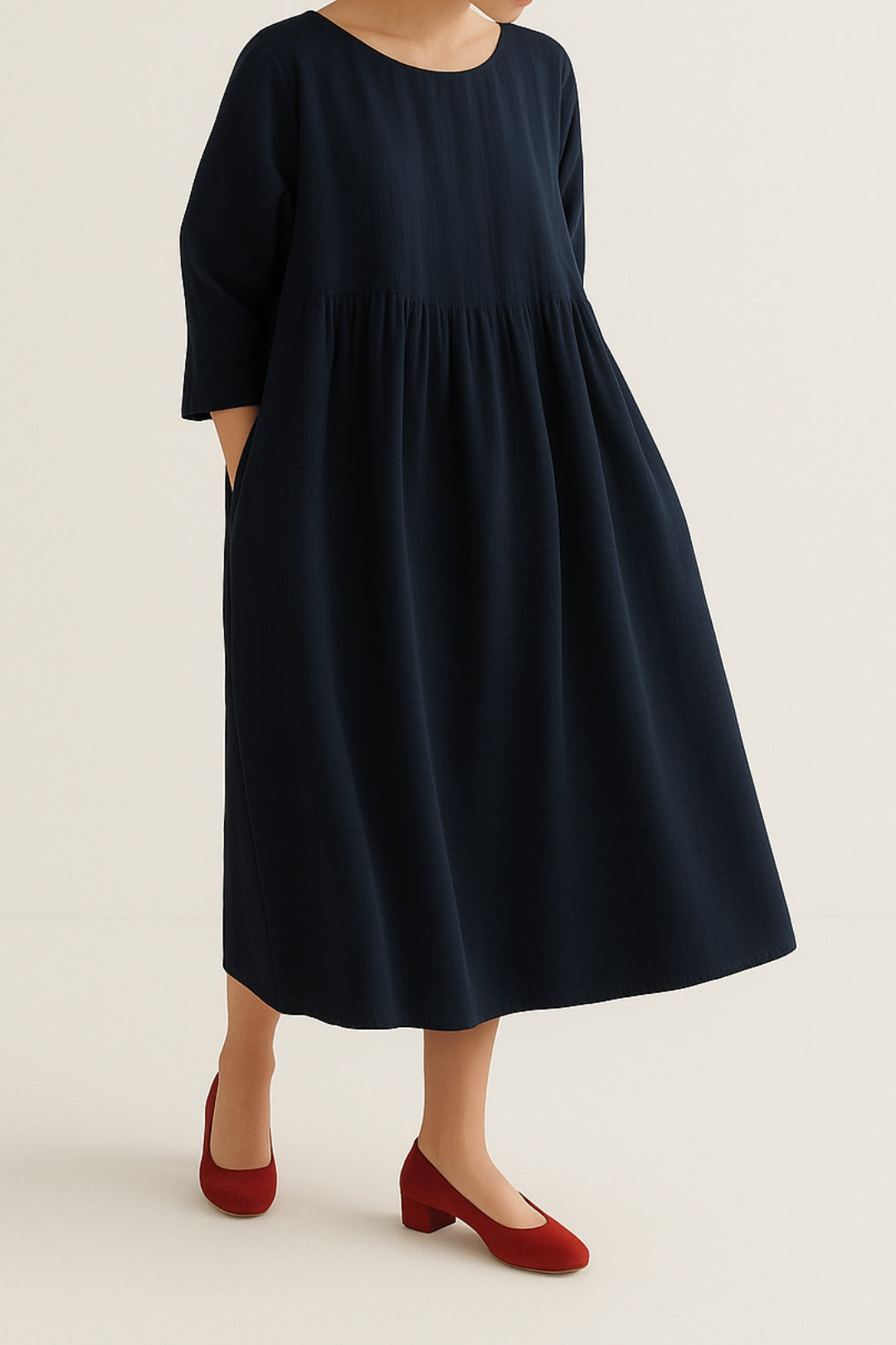 Emily - Women's Casual Midi Dress with Front Pleats